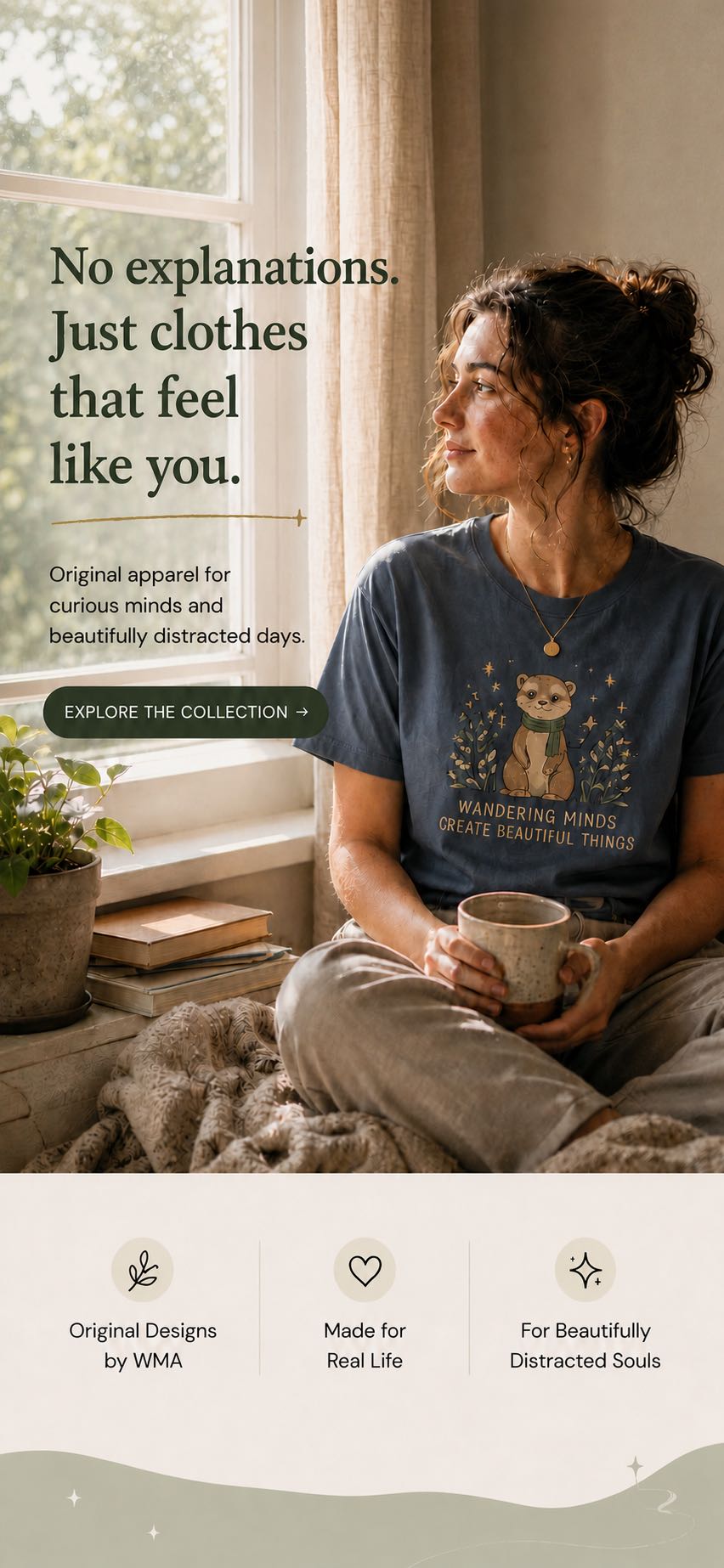 WMA mobile homepage hero showing a relaxed woman wearing an illustrated WMA T-shirt in warm natural window light.