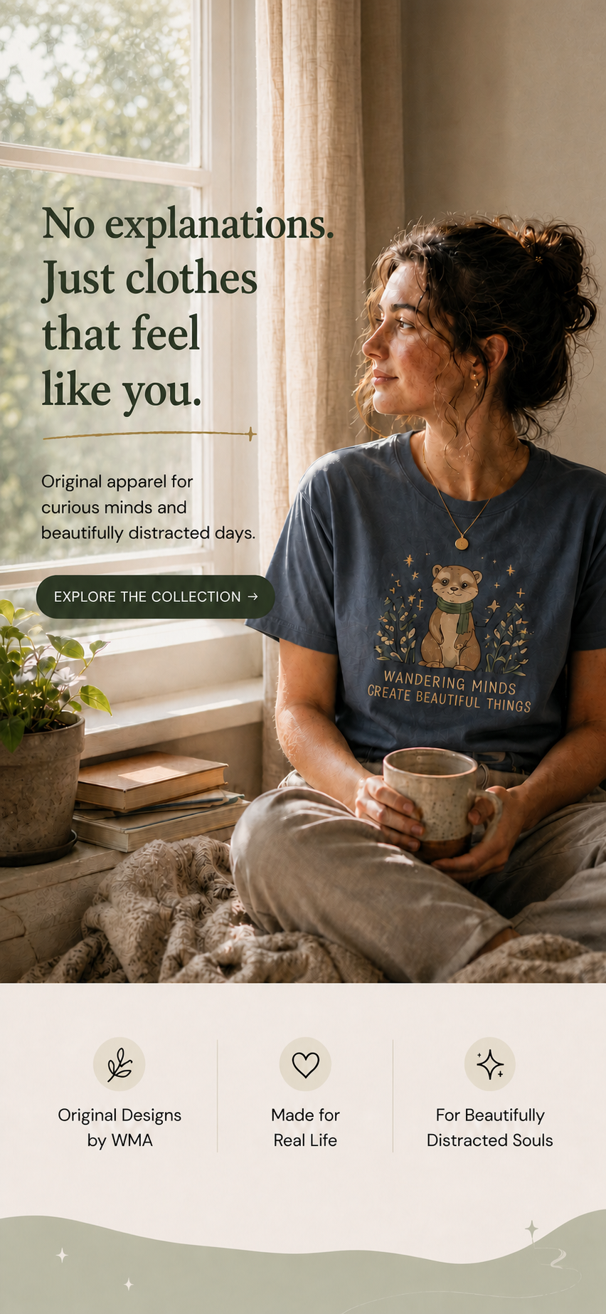 WMA mobile homepage hero showing a relaxed woman wearing an illustrated WMA T-shirt in warm natural window light.